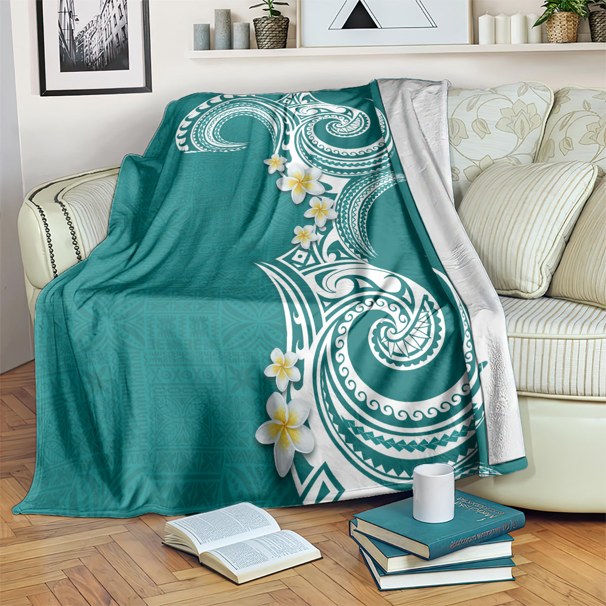 Aloha Polynesian Plumeria Flower Blanket Teal Color