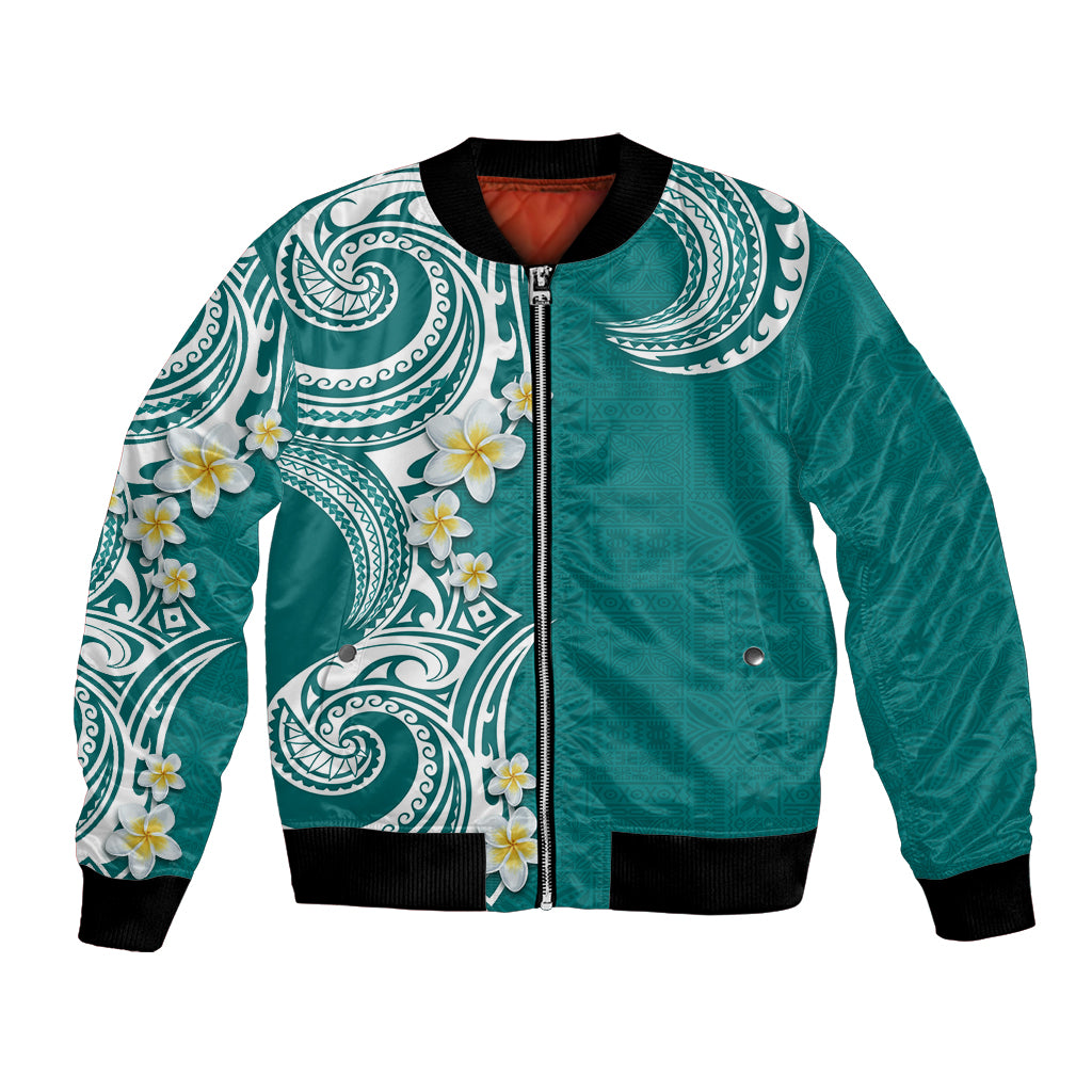 Aloha Polynesian Plumeria Flower Bomber Jacket Teal Color LT03 Unisex Teal - Polynesian Pride