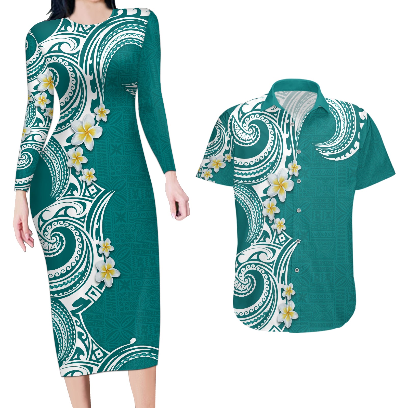 Aloha Polynesian Plumeria Flower Couples Matching Long Sleeve Bodycon Dress and Hawaiian Shirt Teal Color