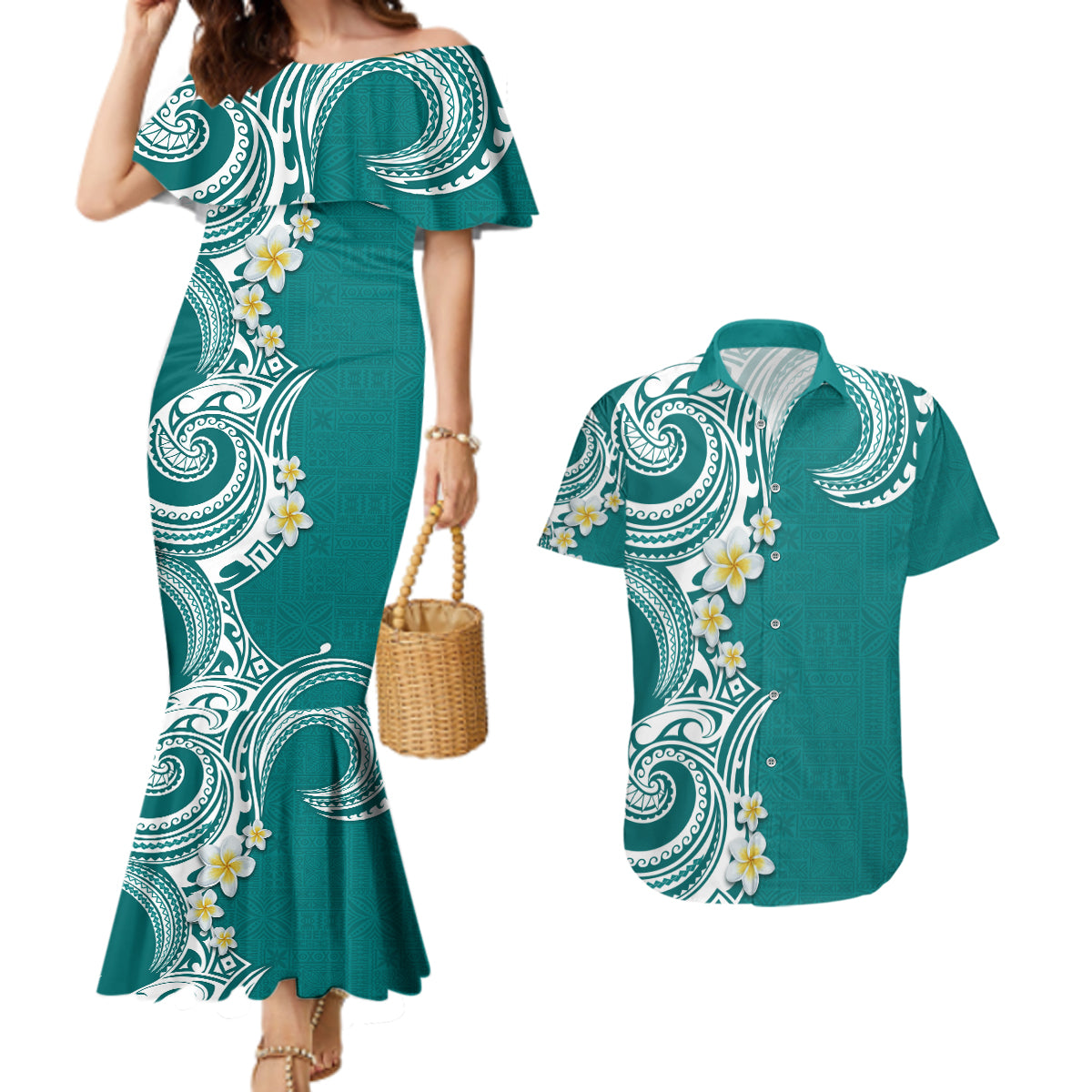 Aloha Polynesian Plumeria Flower Couples Matching Mermaid Dress and Hawaiian Shirt Teal Color