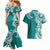 Aloha Polynesian Plumeria Flower Couples Matching Mermaid Dress and Hawaiian Shirt Teal Color