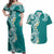 Aloha Polynesian Plumeria Flower Couples Matching Off Shoulder Maxi Dress and Hawaiian Shirt Teal Color