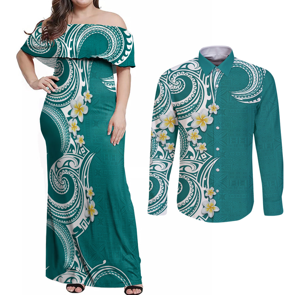 Aloha Polynesian Plumeria Flower Couples Matching Off Shoulder Maxi Dress and Long Sleeve Button Shirt Teal Color LT03 Teal - Polynesian Pride
