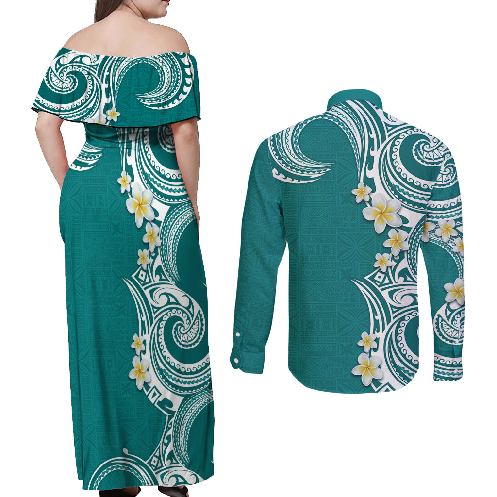 Aloha Polynesian Plumeria Flower Couples Matching Off Shoulder Maxi Dress and Long Sleeve Button Shirt Teal Color LT03 - Polynesian Pride