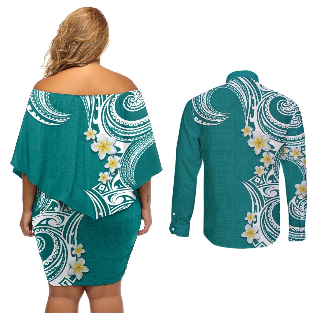 Aloha Polynesian Plumeria Flower Couples Matching Off Shoulder Short Dress and Long Sleeve Button Shirt Teal Color LT03 - Polynesian Pride