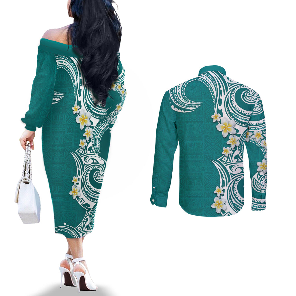 Aloha Polynesian Plumeria Flower Couples Matching Off The Shoulder Long Sleeve Dress and Long Sleeve Button Shirt Teal Color