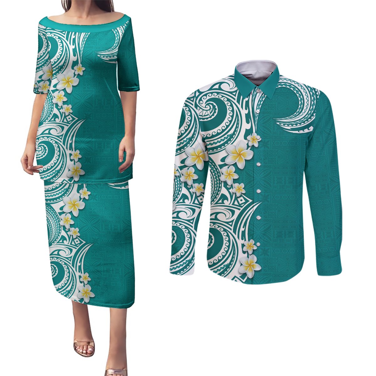 Aloha Polynesian Plumeria Flower Couples Matching Puletasi and Long Sleeve Button Shirt Teal Color LT03 Teal - Polynesian Pride