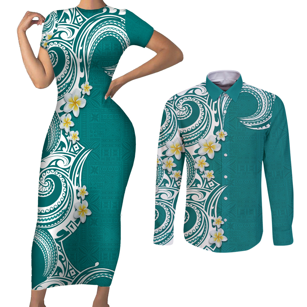 Aloha Polynesian Plumeria Flower Couples Matching Short Sleeve Bodycon Dress and Long Sleeve Button Shirt Teal Color LT03 Teal - Polynesian Pride