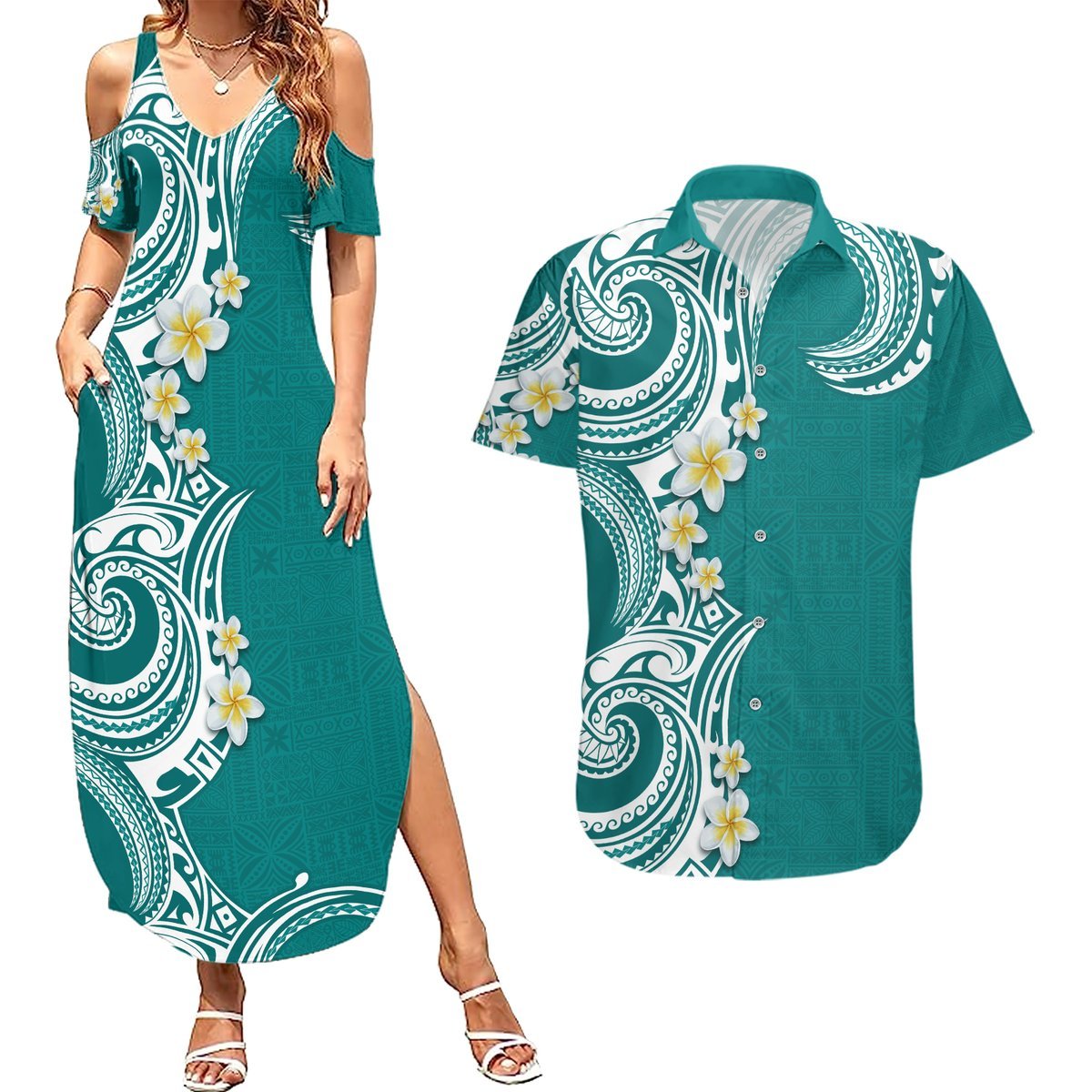 Aloha Polynesian Plumeria Flower Couples Matching Summer Maxi Dress and Hawaiian Shirt Teal Color LT03 Teal - Polynesian Pride