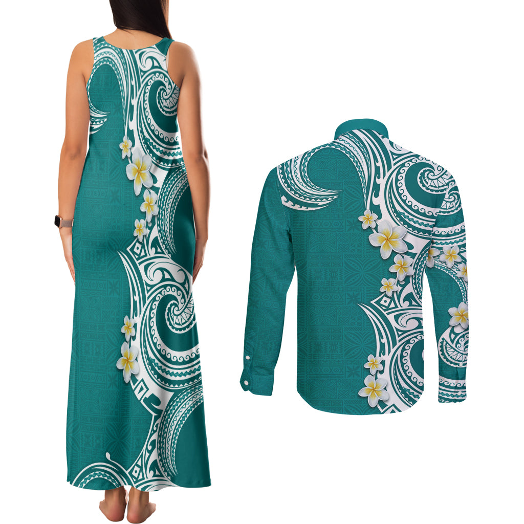 Aloha Polynesian Plumeria Flower Couples Matching Tank Maxi Dress and Long Sleeve Button Shirt Teal Color LT03 - Polynesian Pride