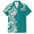 Aloha Polynesian Plumeria Flower Family Matching Long Sleeve Bodycon Dress and Hawaiian Shirt Teal Color