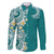 Aloha Polynesian Plumeria Flower Family Matching Long Sleeve Bodycon Dress and Hawaiian Shirt Teal Color