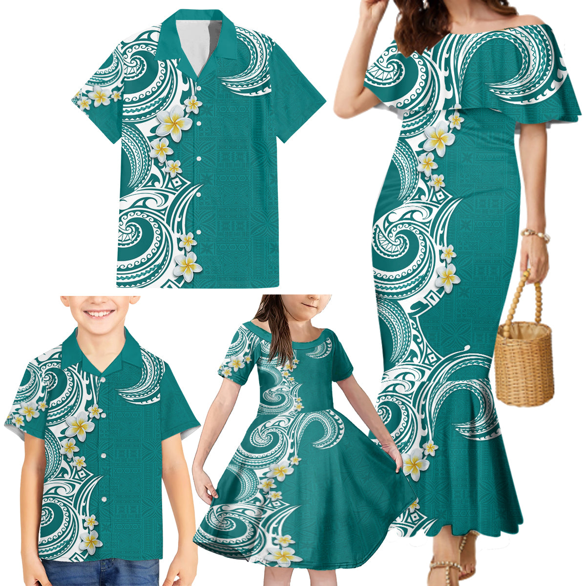 Aloha Polynesian Plumeria Flower Family Matching Mermaid Dress and Hawaiian Shirt Teal Color