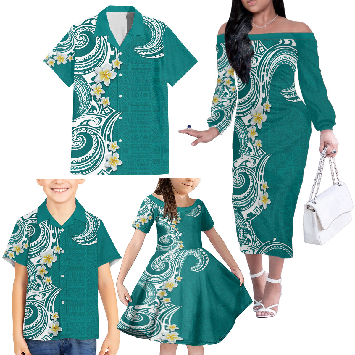 Aloha Polynesian Plumeria Flower Family Matching Off The Shoulder Long Sleeve Dress and Hawaiian Shirt Teal Color LT03 - Polynesian Pride