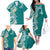 Aloha Polynesian Plumeria Flower Family Matching Off The Shoulder Long Sleeve Dress and Hawaiian Shirt Teal Color