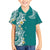 Aloha Polynesian Plumeria Flower Family Matching Off The Shoulder Long Sleeve Dress and Hawaiian Shirt Teal Color