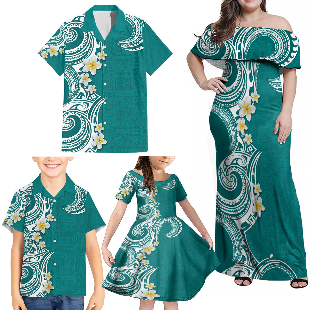 Aloha Polynesian Plumeria Flower Family Matching Off Shoulder Maxi Dress and Hawaiian Shirt Teal Color LT03 - Polynesian Pride