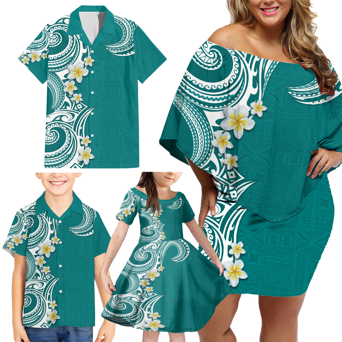 Aloha Polynesian Plumeria Flower Family Matching Off Shoulder Short Dress and Hawaiian Shirt Teal Color