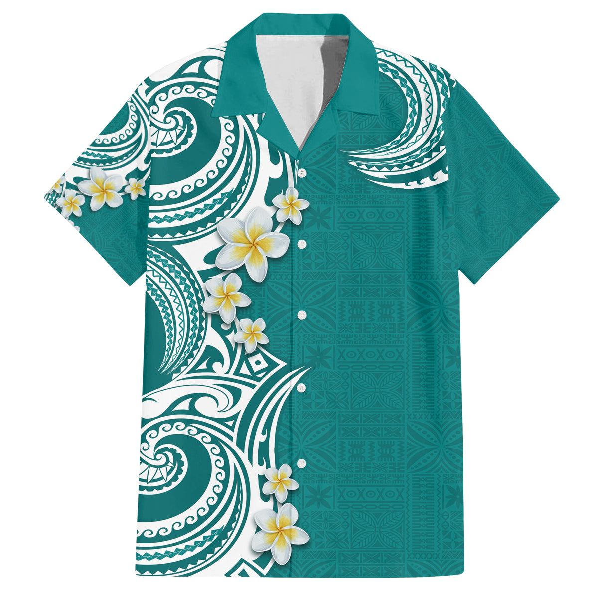 Aloha Polynesian Plumeria Flower Family Matching Off Shoulder Short Dress and Hawaiian Shirt Teal Color