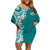 Aloha Polynesian Plumeria Flower Family Matching Off Shoulder Short Dress and Hawaiian Shirt Teal Color