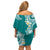 Aloha Polynesian Plumeria Flower Family Matching Off Shoulder Short Dress and Hawaiian Shirt Teal Color