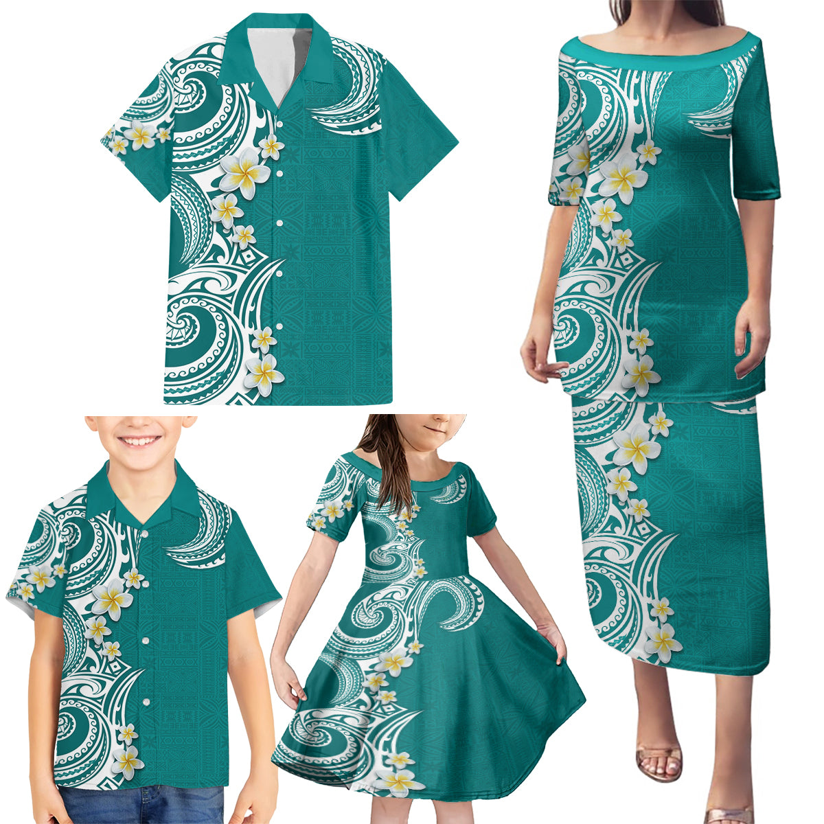 Aloha Polynesian Plumeria Flower Family Matching Puletasi and Hawaiian Shirt Teal Color