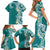 Aloha Polynesian Plumeria Flower Family Matching Short Sleeve Bodycon Dress and Hawaiian Shirt Teal Color