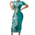 Aloha Polynesian Plumeria Flower Family Matching Short Sleeve Bodycon Dress and Hawaiian Shirt Teal Color