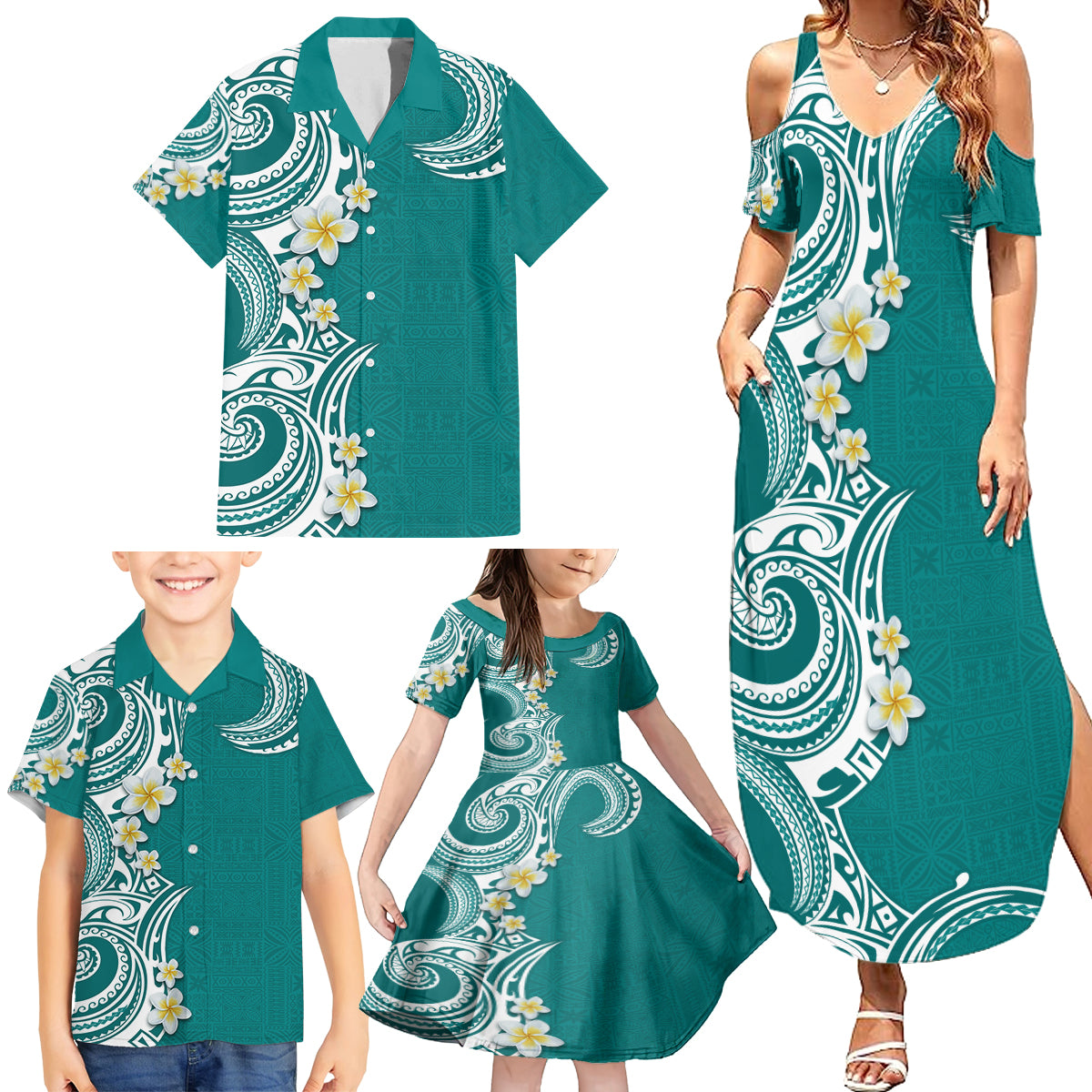 Aloha Polynesian Plumeria Flower Family Matching Summer Maxi Dress and Hawaiian Shirt Teal Color