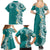 Aloha Polynesian Plumeria Flower Family Matching Summer Maxi Dress and Hawaiian Shirt Teal Color