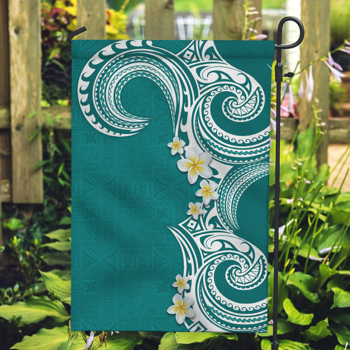 Aloha Polynesian Plumeria Flower Garden Flag Teal Color