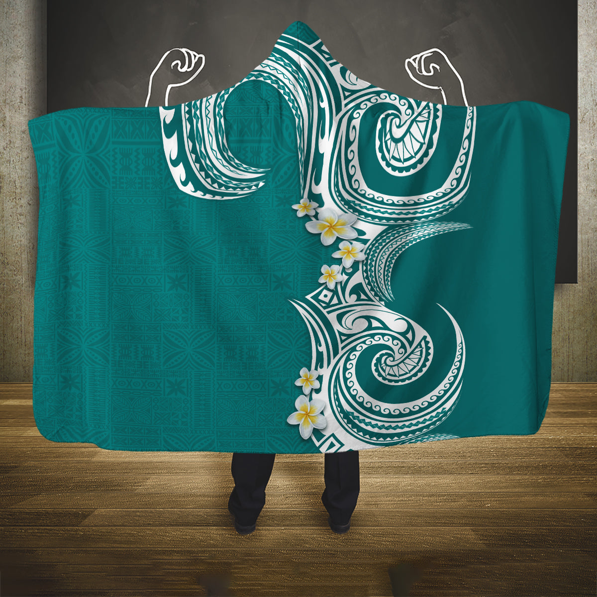 Aloha Polynesian Plumeria Flower Hooded Blanket Teal Color