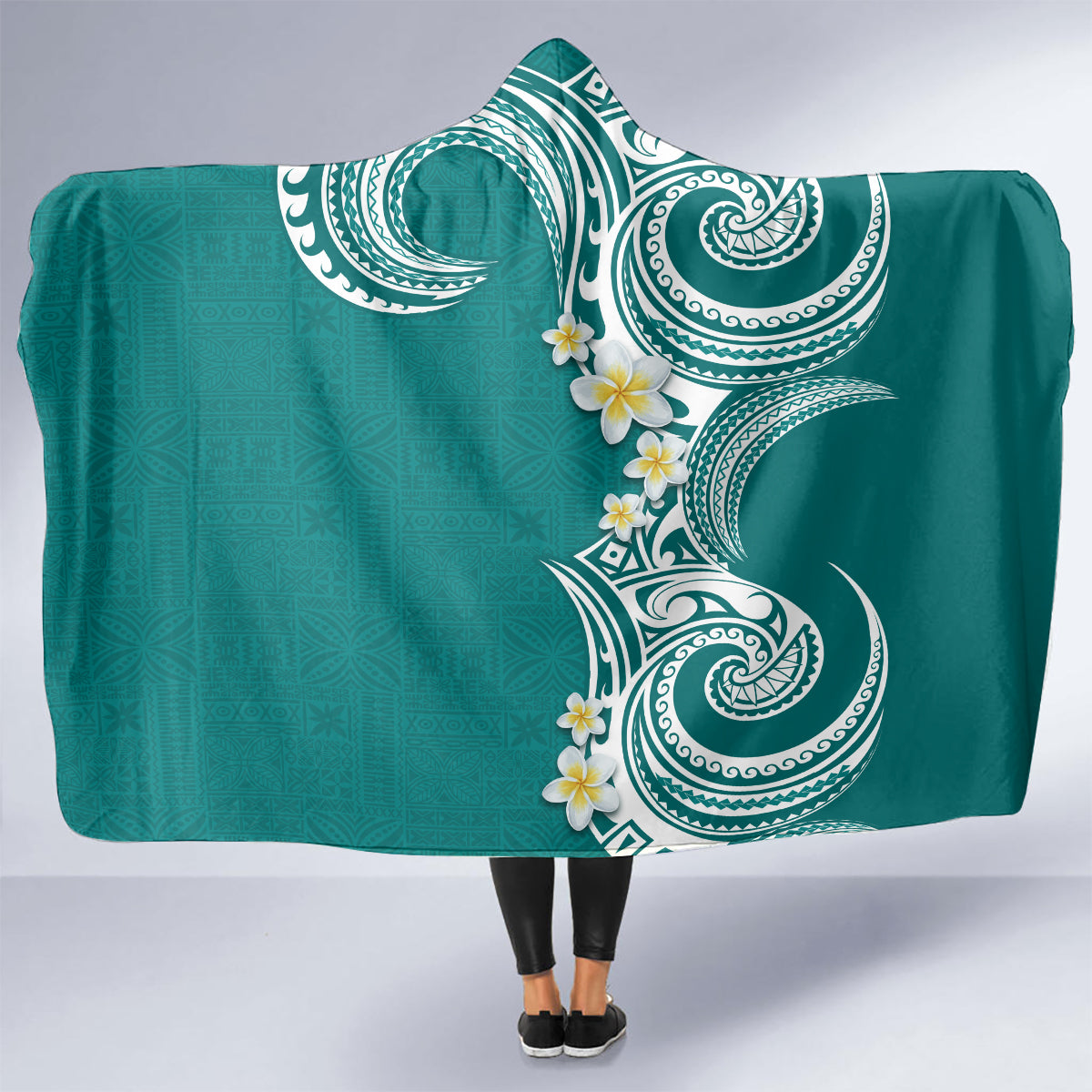 Aloha Polynesian Plumeria Flower Hooded Blanket Teal Color LT03 - Polynesian Pride