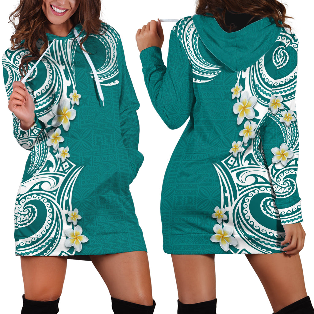 Aloha Polynesian Plumeria Flower Hoodie Dress Teal Color LT03 - Polynesian Pride