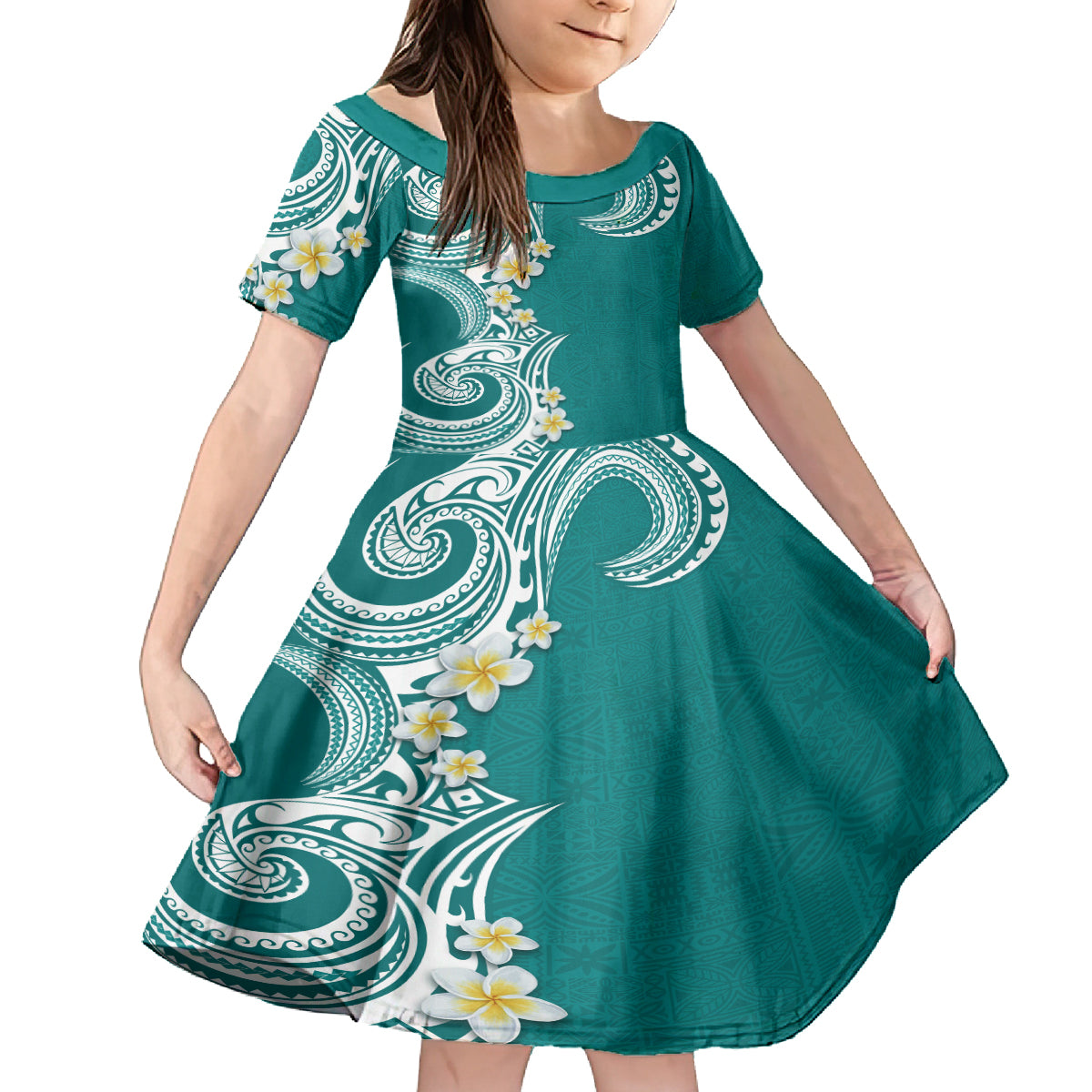 Aloha Polynesian Plumeria Flower Kid Short Sleeve Dress Teal Color LT03 KID Teal - Polynesian Pride