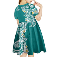 Aloha Polynesian Plumeria Flower Kid Short Sleeve Dress Teal Color LT03 - Polynesian Pride