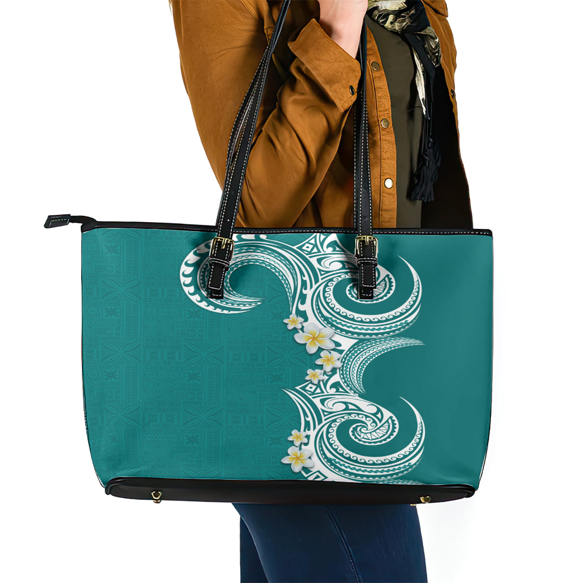 Aloha Polynesian Plumeria Flower Leather Tote Bag Teal Color LT03 - Polynesian Pride