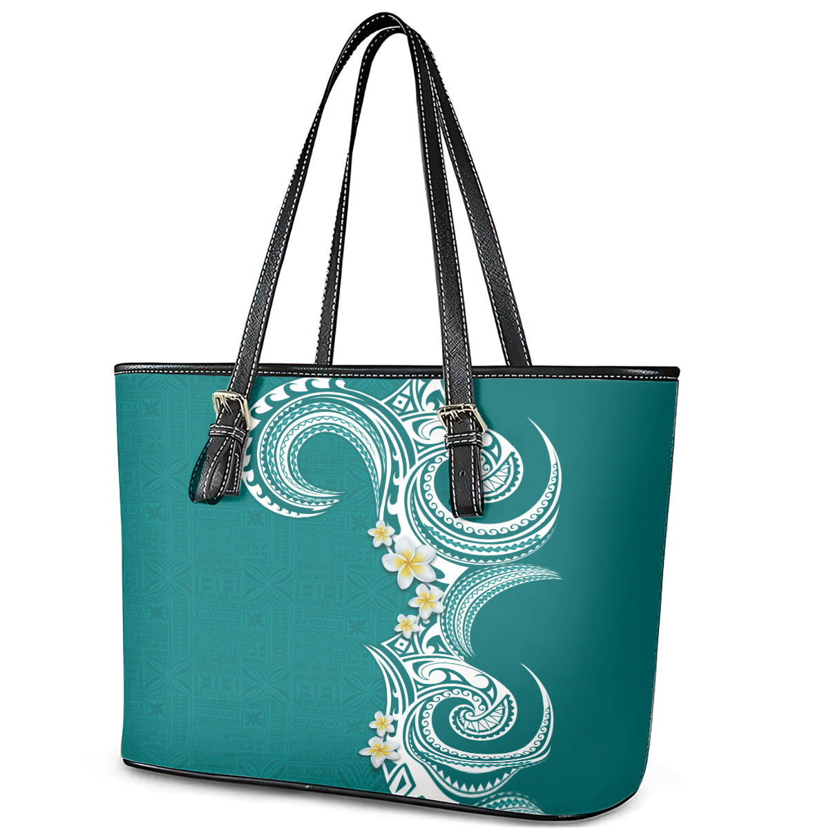 Aloha Polynesian Plumeria Flower Leather Tote Bag Teal Color LT03 - Polynesian Pride