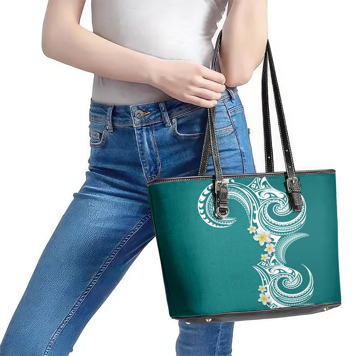 Aloha Polynesian Plumeria Flower Leather Tote Bag Teal Color LT03 - Polynesian Pride