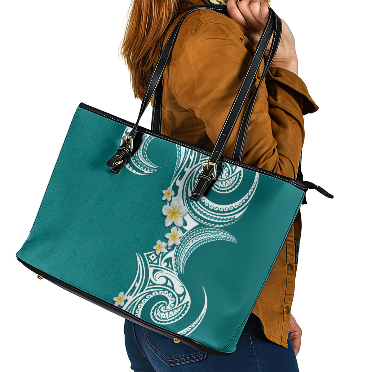 Aloha Polynesian Plumeria Flower Leather Tote Bag Teal Color LT03 - Polynesian Pride