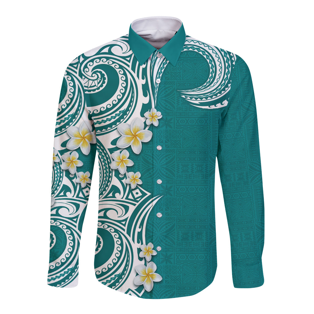 Aloha Polynesian Plumeria Flower Long Sleeve Button Shirt Teal Color