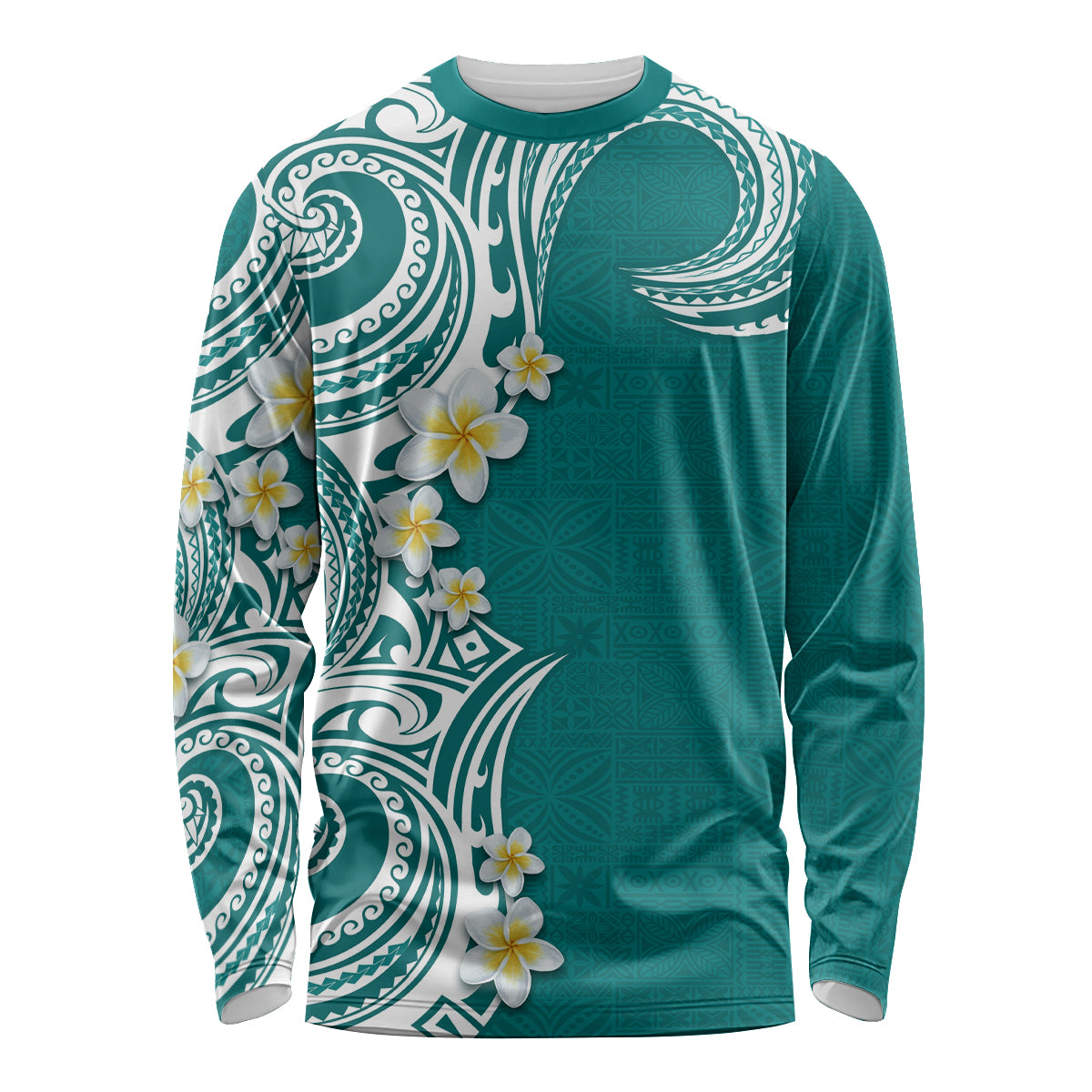 Aloha Polynesian Plumeria Flower Long Sleeve Shirt Teal Color