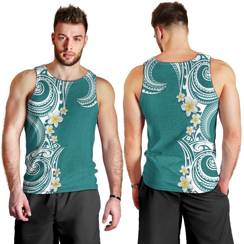 Aloha Polynesian Plumeria Flower Men Tank Top Teal Color LT03 - Polynesian Pride