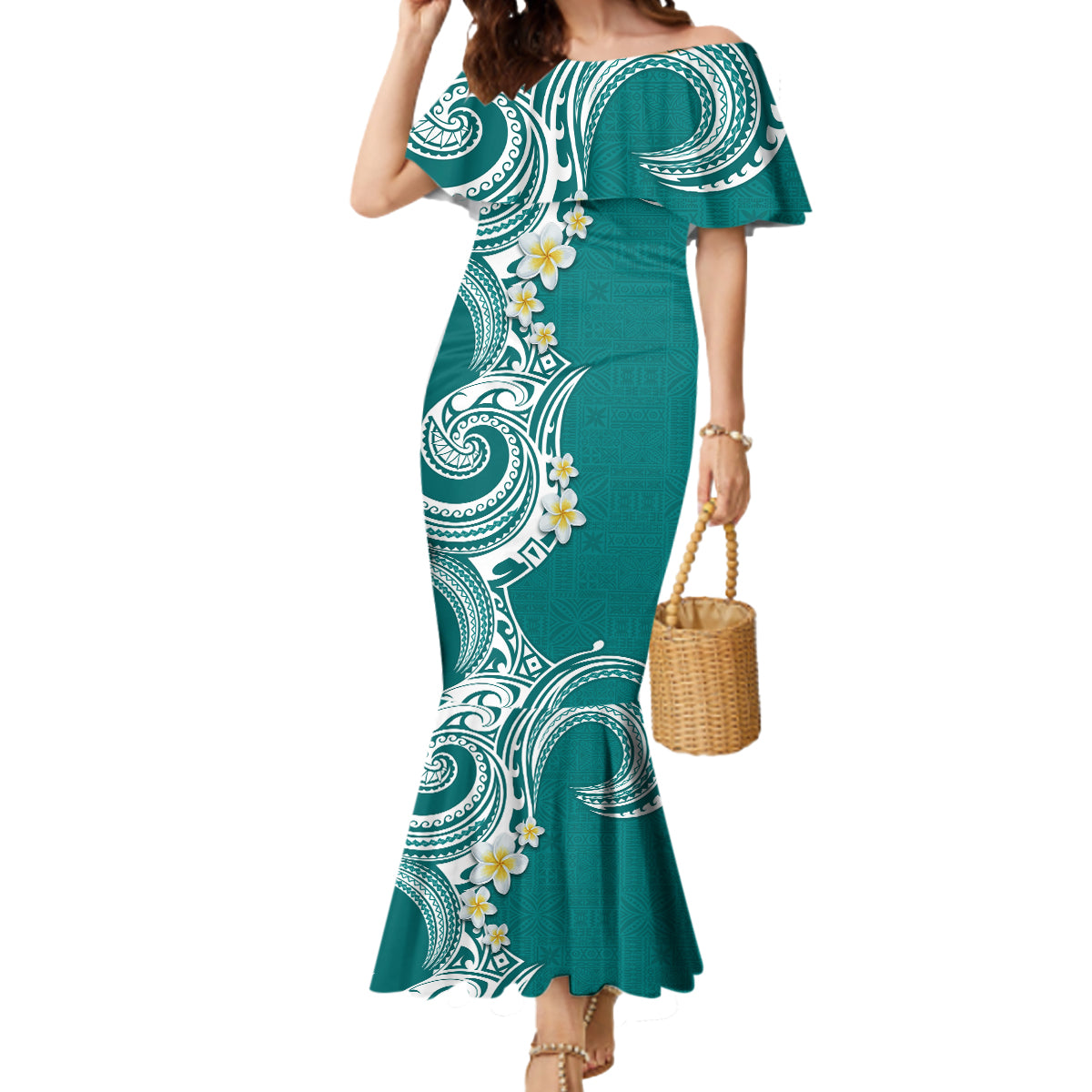 Aloha Polynesian Plumeria Flower Mermaid Dress Teal Color