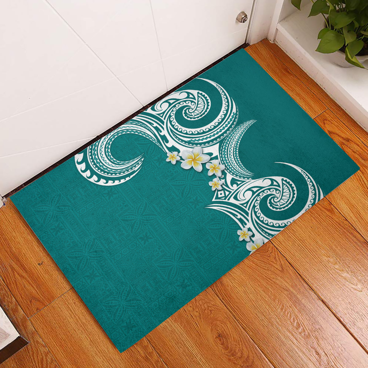 Aloha Polynesian Plumeria Flower Rubber Doormat Teal Color LT03 Teal - Polynesian Pride