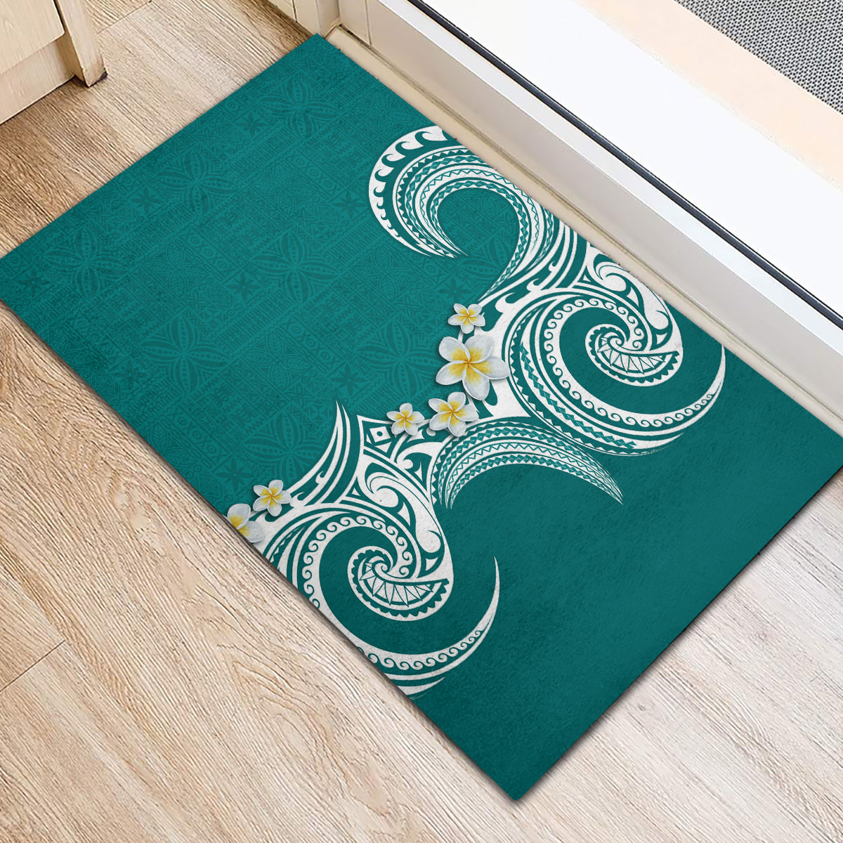 Aloha Polynesian Plumeria Flower Rubber Doormat Teal Color LT03 - Polynesian Pride
