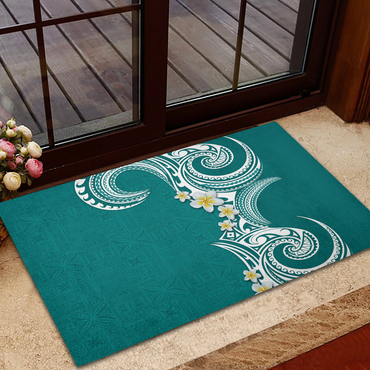 Aloha Polynesian Plumeria Flower Rubber Doormat Teal Color LT03 - Polynesian Pride