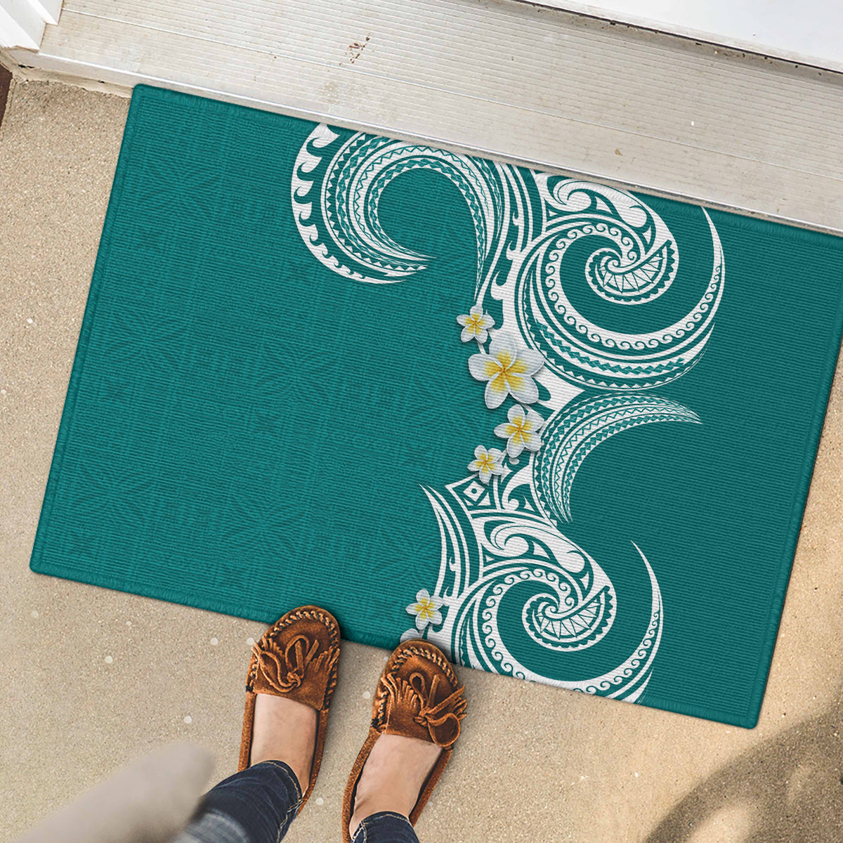 Aloha Polynesian Plumeria Flower Rubber Doormat Teal Color LT03 - Polynesian Pride