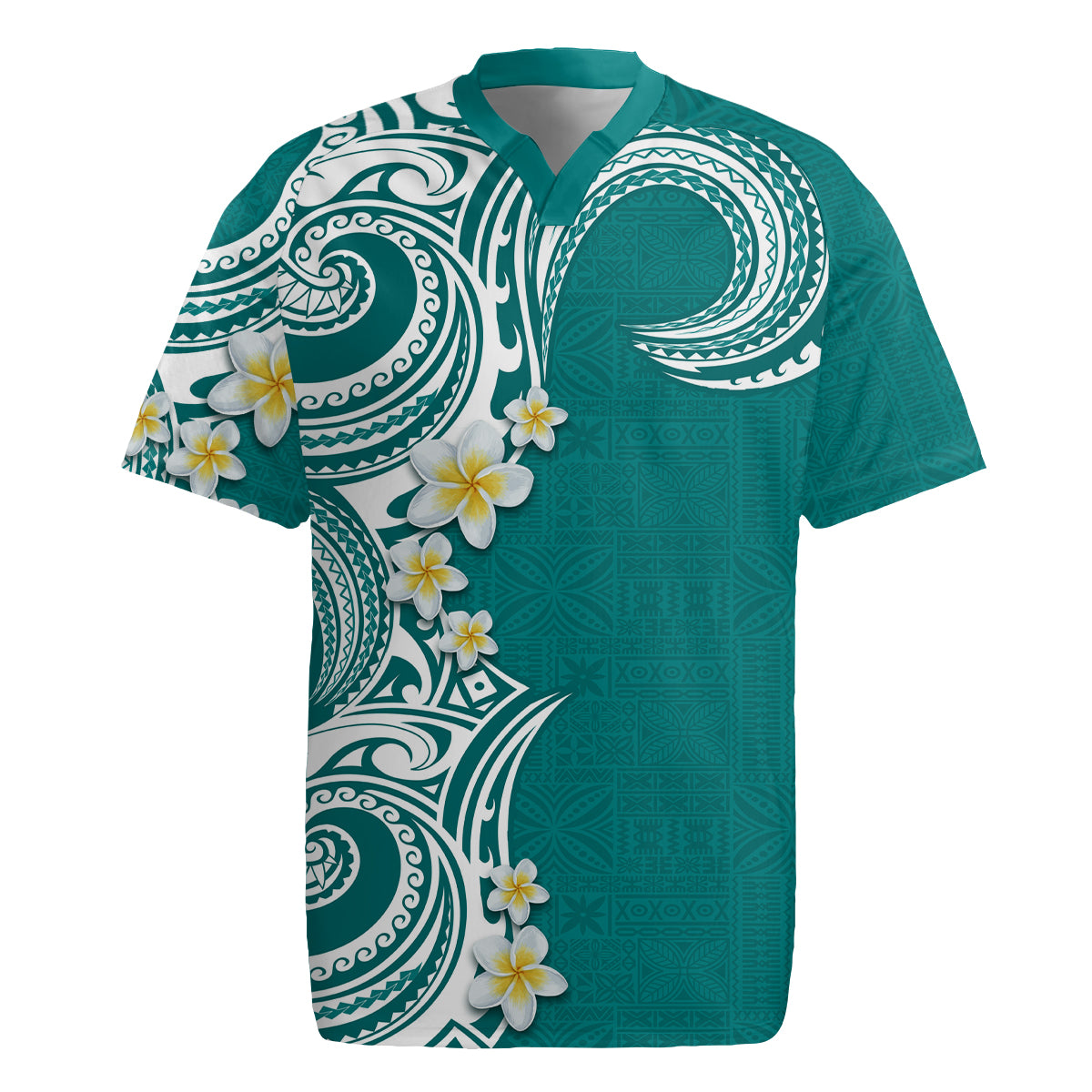 Aloha Polynesian Plumeria Flower Rugby Jersey Teal Color