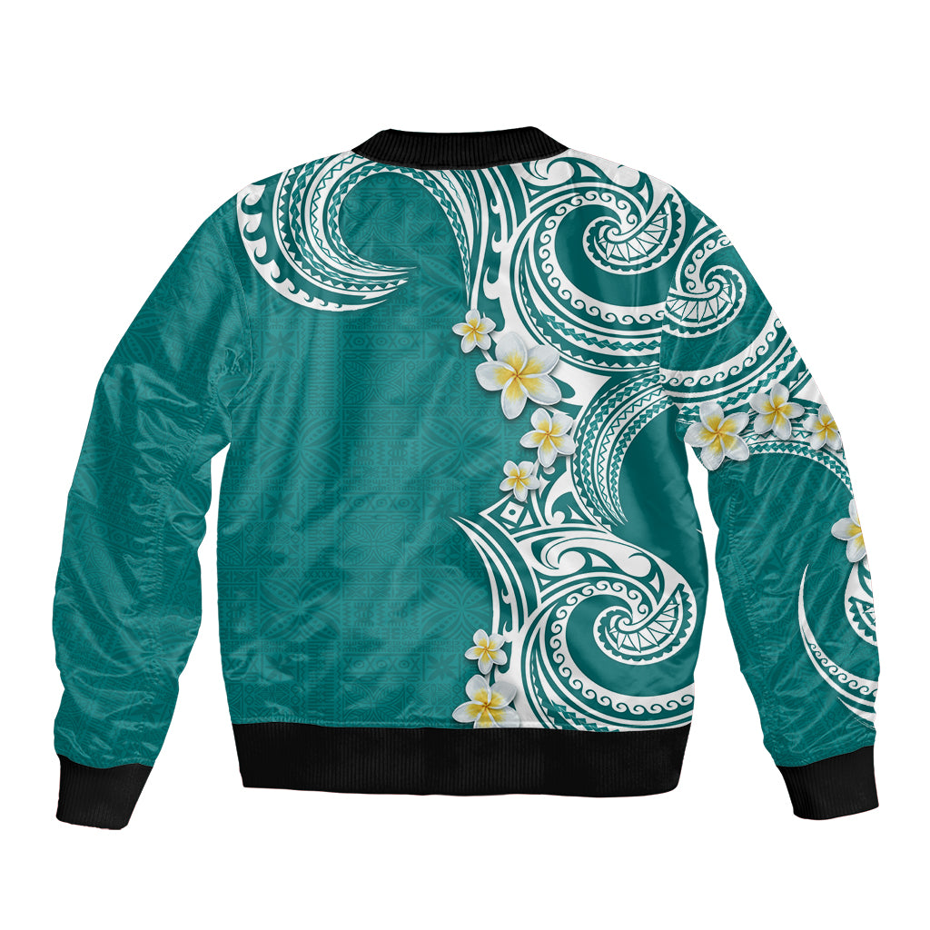 Aloha Polynesian Plumeria Flower Sleeve Zip Bomber Jacket Teal Color LT03 - Polynesian Pride